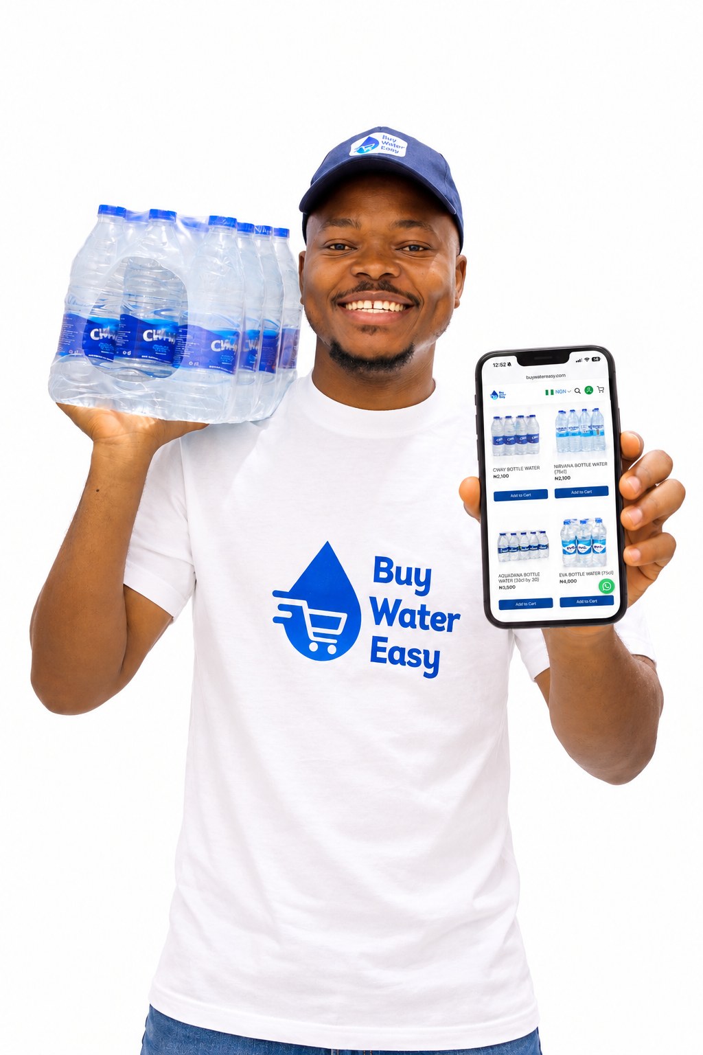 Buy Water Easy rider in branded cap and t-shirt carrying a shrink-wrapped pack of Cway bottled water and showing the buywatereasy.com shop on his phone